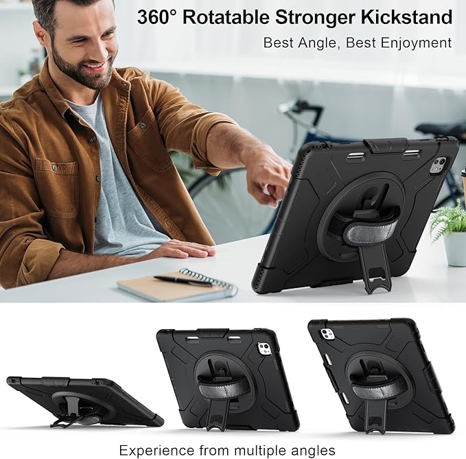 Case for iPad Pro 13 Inch M5 2025/ M4 2024: Military Grade Cover for iPad Pro 13" with Screen Protector - Stand - Handle - Shoulder Strap - Pencil Holder- Black