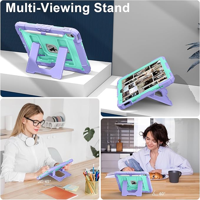 Kids Friendly Case for iPad A16 11th Generation 11 Inch 2025 / iPad 10th Generation 10.9" 2022 Case with Pencil Holder & Shoulder Strap, Hybrid iPad 11 10 Cover Rugged Shockproof Kickstand,Purple+Mint