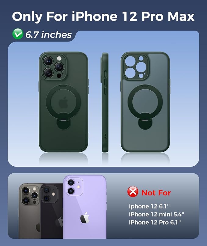 FNTCASE for iPhone 12 Pro-Max Case: [360 Spin Magnetic Stand] [Compatible with Magsafe] [Screen Protector] Translucent Matte Military Grade Shockproof Full Camera Protective Phone Cover - Green