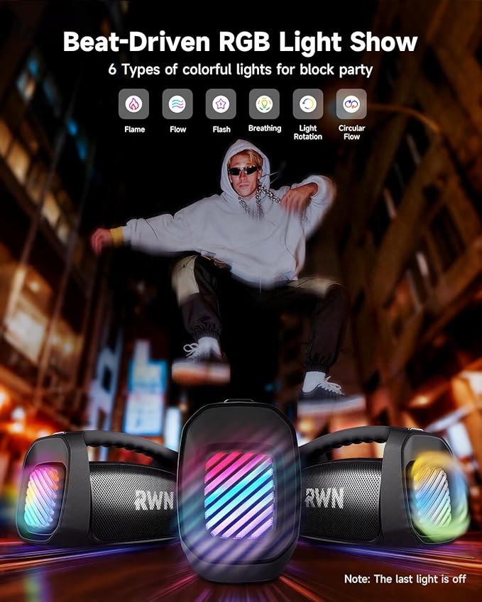 RWN Outdoor Bluetooth Speaker: 160W Loud Sound, IP67 Waterproof with 24H Playtime, Fast Charge, Bass, TWS, Portable Wireless Speakers with Light Show for House, Party, Projector, Beach (Black)