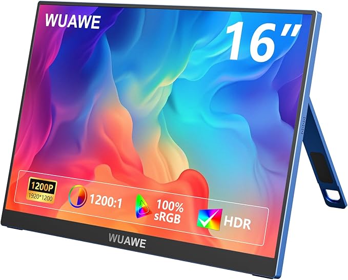 WUAWE 16 Inch Portable Gaming Monitor 1920x1200P FHD | 60hz Refresh Rate & HDR for PS5/Switch | Ultra-Thin 0.3" Built-in Speakers, Eye Care | Plug&Play for Laptop/Mac/Phone | Student Gift(Blue)