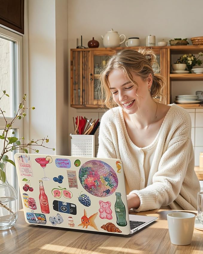 iCasso Compatible with MacBook Air 13 inch Case 2020-2018 Release A2337 M1 A2179 A1932, Cute Protective Plastic Hard Shell Case+Keyboard Cover for Mac Air 13.3,Vintage Stickers