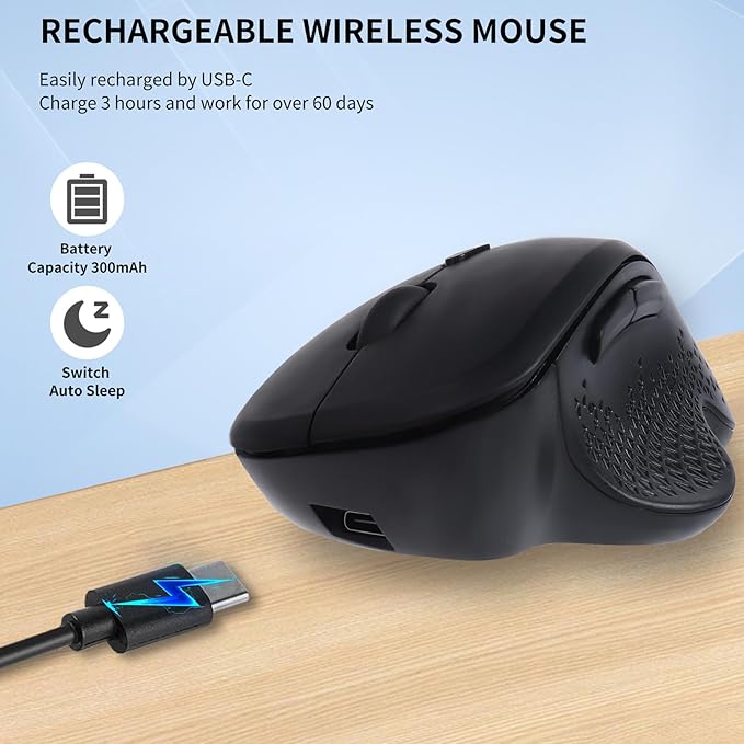 Bluetooth Ergonomic Wireless Mouse,Rechargeable 2.4G Vertical Wireless Mouse, Dual Mode Ergo Optical Mice with Adjustable DPI,Finger Rest for Laptop, Desktop, PC, MacBook, iPad, Mac, Windows(Black)