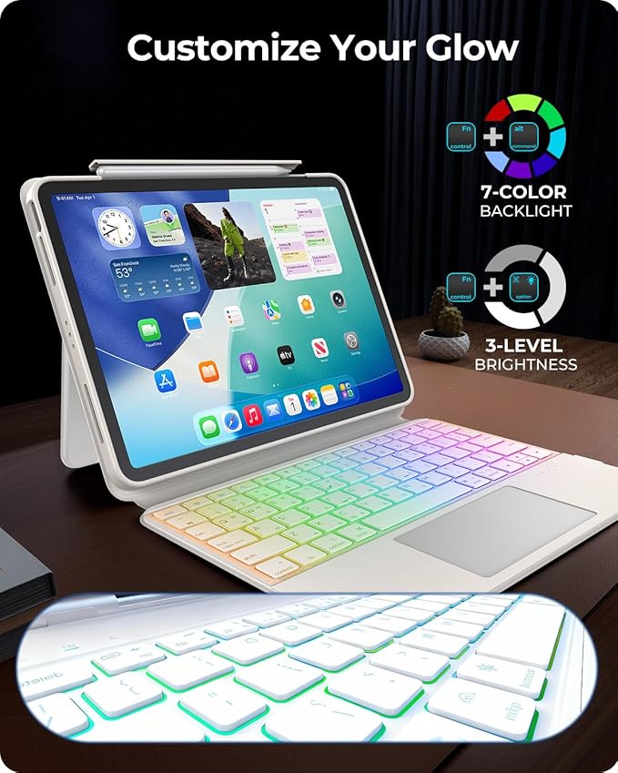 Keyboard Case for iPad Pro 11 Inch (M5/M4) 2025/2024, Clear Detachable Magnetic 360 Rotatable & Liftable Cover, 7-Color Backlit, Native Gesture Trackpad, 180 Kickstand, White