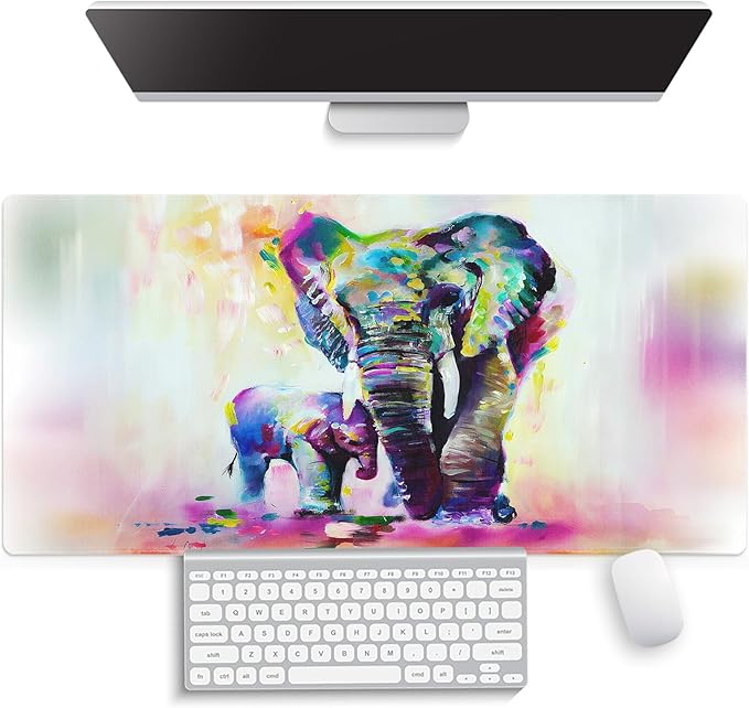 Large Gaming Mouse Pad (31.5" x 15.8") - Abstract Vintage Colorful Indian Elephant Oil Painting Watercolor Artwork, Extra XXL Office Accessories, Premium Stitched Anti-Slip Office Desk Mat