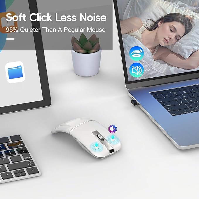 Foldable Bluetooth Travel Mouse,Wireless Portable 2.4G Arc Mice,Multi-Device (Bluetooth+2.4G),360° Rotating Rechargeable Flat Mice for Desktop PC Laptops Tablets-White