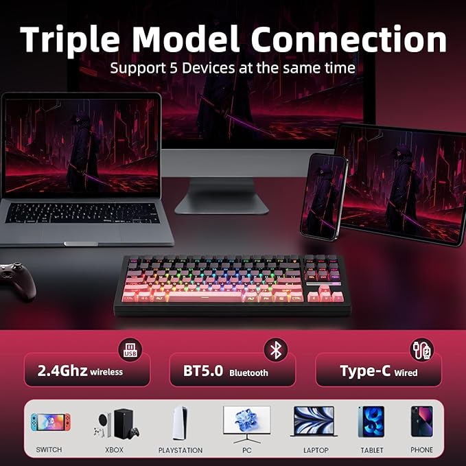 ZORNHER ZH870 Wireless Mechanical Gaming Keyboard,80% Pink & Purple Custom Creamy Sound Keyboard with Shine Through PBT Keycaps,Pre-lubed Linear Switches,Hot-Swappable,RGB Backlit,2.4GHz/USB-C/BT5.0