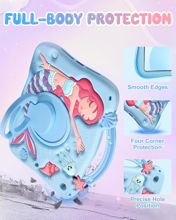 Boaretiu for iPad 9th Generation Case 10.2 Inch - 3D Cute Cartoon Blue Mermaids for iPad 7th/8th/9th Gen Girls Teens Soft Silicone Tablet Cover with Strap & Rotating Stand