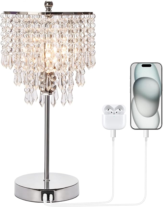 Touch Control Crystal Table Lamp with USB C+A Charging Ports, 3-Way Dimmable Bedside Touch Lamp Decorative Nightstand Lamp with Elegant Lampshade for Living Room Bedroom, B11 LED Bulb Included