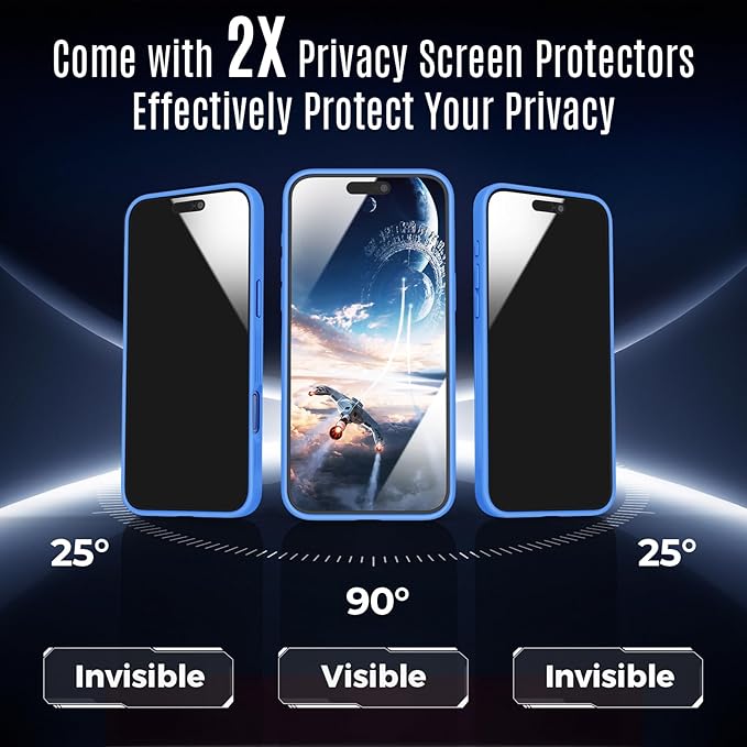 Symcele Designed for iPhone 16 Case, Compatible with MagSafe, with Privacy Screen Protectors X2, [Camera Protection] [15FT Military Drop Protection] Shockproof Phone Case, 6.1", Blue