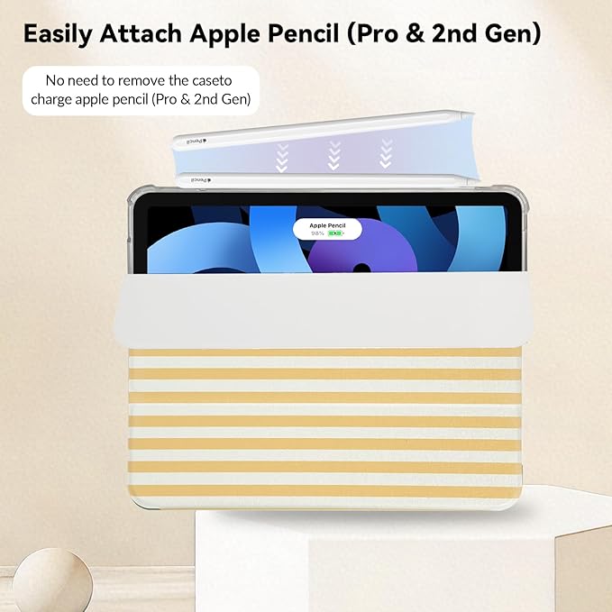 Lovmooful Compatible for iPad Air 6th 11-inch M2 (2024),iPad Air 5/4 (2022/2020 5th/4th Generation 10.9-Inch) Case with Pencil Holder Cute Striped Design Soft TPU Trifold Stand Protective-Yellow