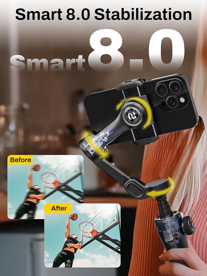 AOCHUAN Smart V8 3-Axis Gimbal Stabilizer for iPhone, Smartphone Gimbal w/7.8" Extension Rod, OLED Display, Phone Stabilizer w/Face Tracking, Portable Hard Case for Camera, EVA Bag V8& B30