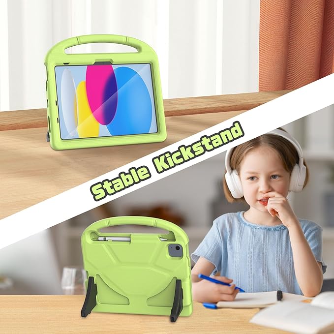 YIHE Kids Case for iPad (A16) 11th Generation 11 Inch 2025 & iPad 10th Generation 10.9 inch 2022, with Built-in Screen Protector and Stable Stand, Full Body Shockproof Protective Cover - Light Green