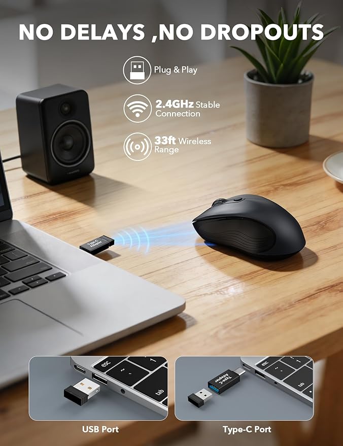 Trueque Wireless Mouse, 2.4GHz Ergonomic Mouse for Laptop & PC, Silent Portable Computer Mice with Back & Forward Buttons, USB-C Adapter for Windows/Mac, M01 (Gray)