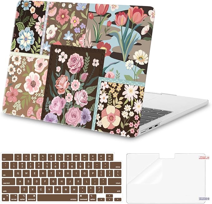 MOSISO Compatible with MacBook Air 13 inch Case M5 2026 M4 2025 M3 M2 2024-2022 A3449 A3240 A3113 A2681, Spliced Flowers Hard Shell&Keyboard Cover&Screen Film for MacBook Air 13.6 inch Case, Brown