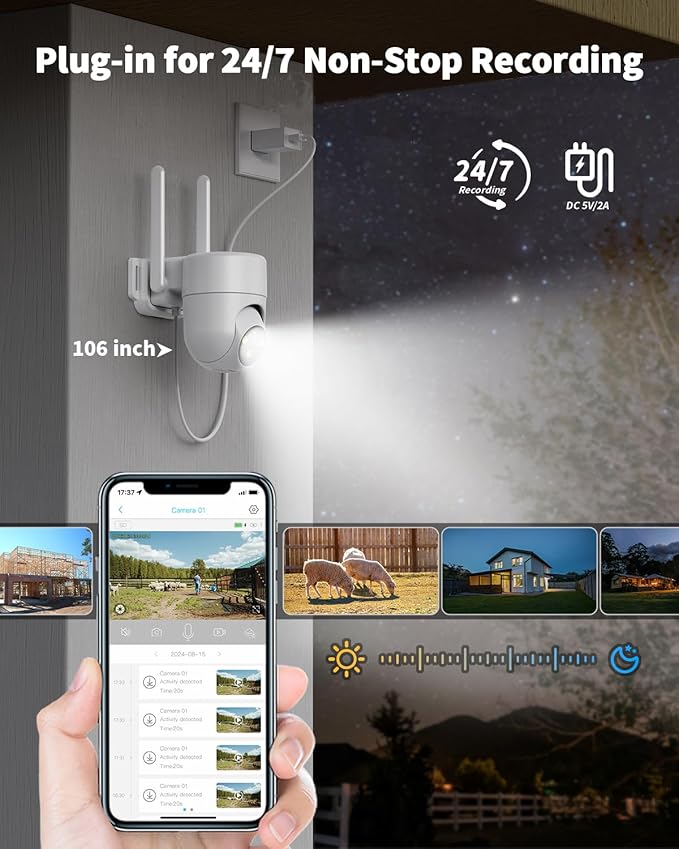 LIWAN 4G LTE Cellular Security Camera Wired, No WiFi Security Camera Outdoor Indoor, Plug-in for 24/7 Recording, 2K Color Night Vision, 360° View, 2-Way Talk, Built-in SIM Card, White, 1 Pack