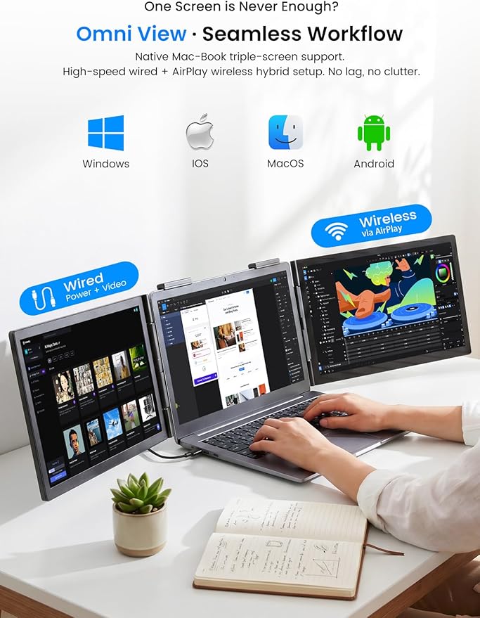UPERFECT Laptop Screen Extender 14'', 1080P 125%sRGB Triple Portable Monitor, Ultra-Slim Dual Travel Monitor USB-C Wireless Plug and Play Extender Screen for MacOS/Windows/Android, Fits 14-17" Laptop