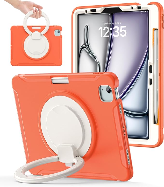 BATYUE Shockproof Case for iPad Air 11" M2/M3/M4, Air 4/5 10.9", iPad Pro 11" 1st-4th Gen 2018-2022 | 360° Multi-Angle Stand (Portrait & Landscape) & Grip, Built-in Pencil Holder, Coral Orange