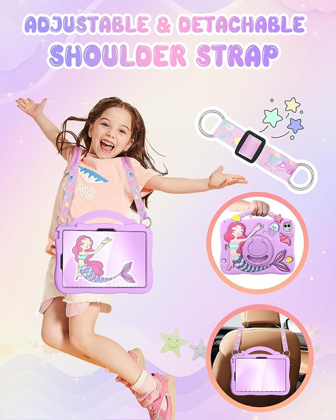 Boaretiu for iPad Air 11 Inch Case M3/M2 - for iPad Pro 11 Inch Cute Cartoon 3D Mermaids Girls Teens Soft Silicone Air 4th/5th Generation 10.9" Tablet Cover with Strap & Rotating Stand