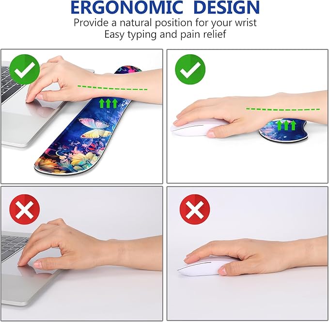 DINKY Keyboard Mouse Pad Set, Large Gaming Mousepad + Memory Foam Ergonomic Keyboard Wrist Rest Support, Easy Typing Pain Relief, 4Pcs (35.4" x 15.7") Extended Desk Mat-Butterflies