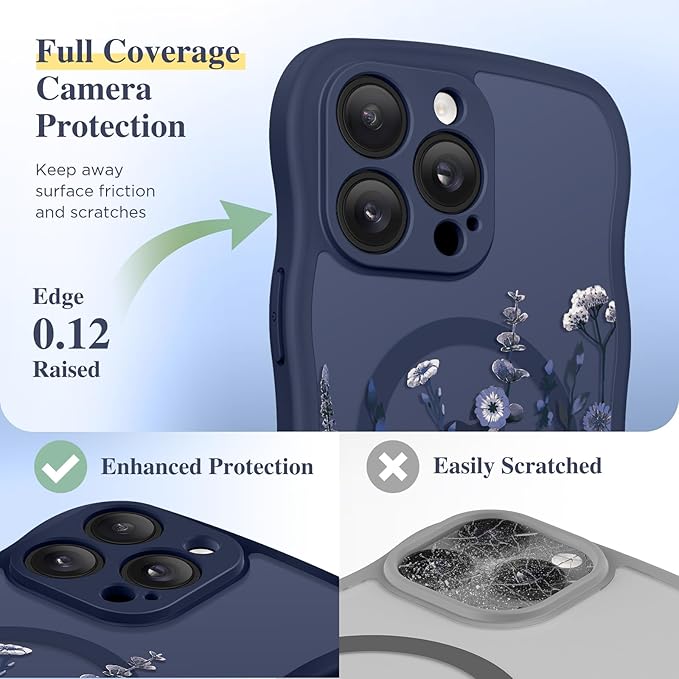 GVIEWIN for iPhone 14 Pro Max Case Compatible with MagSafe [Curly Wave Edge][Full Camera Protection] Floral Translucent Shockproof Magnetic Women Phone Case for 14 Pro Max, Floratopia/Blue