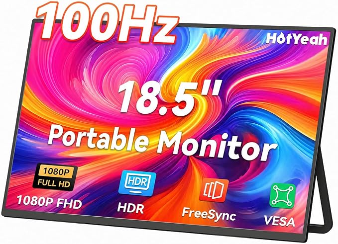 HotYeah Portable Monitor, 18.5" 1080P 100Hz 125% sRGB Laptop Monitor USB-C HDMI External Computer Display HDR FreeSync w/Kickstand & Speaker, 2nd Screen for Laptop PC Mac Phone Tablet Switch PS5 Xbox