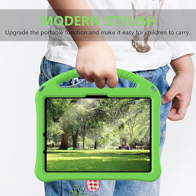 Kids Case for iPad Air 11 inch M4/M3/M2 (2026/2025/2024) with Pencil Holder/Shockproof Handle/Kickstand/Slim Lightweight Soft EVA Foam Folio Stand Tablet Protective Girls Boys Cover, Green