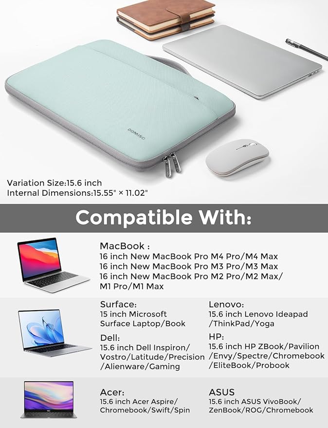 DOMISO 15.6 inch Laptop Case Sleeve Protective Cover Compatible with 16 inch MacBook Pro M4 M3 M2/Pro Max,15.6-16 inch HP Dell ASUS Lenovo Chromebook,Waterproof Computer Cases Bag,Mint Green