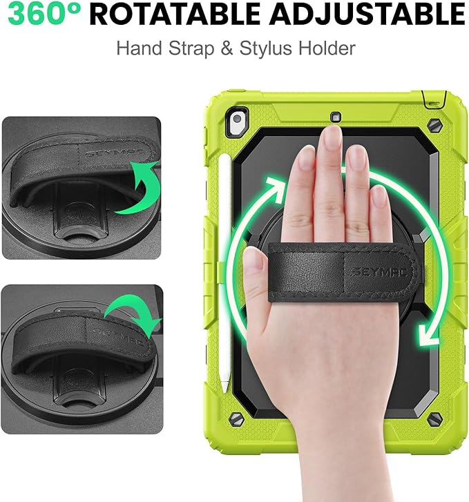 SEYMAC Case for iPad 9th/8th/7th Generation 10.2 inch 2021-2019, Heavy Duty Protective Shockproof Case with Screen Protector, Rotating Stand/Handle/Shoulder Strap for iPad 10.2, Green