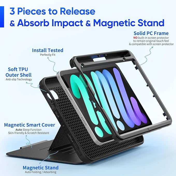 SEYMAC stock Case for iPad mini 7 (A17 Pro)/ Mini 6 8.3'', Strong Magnetic Auto Sleep Shockproof Case with Absorbing Multi-Angles Stand, Pen Holder, Card Slot, Black