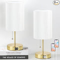 Lakumu 2 Sets Table Lamps with 2 USB, Minimalist Beside Lamps for Bedroom, Nightstand Lamp with Pull Chain, Desk Lamps with White Pleated Shade and Gold Metal Base for Living Room Dorm Reading Hotel