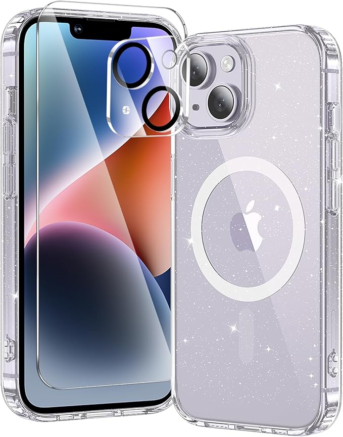 toushion 3 in 1 for iPhone 14 Case Clear with MagSafe, Not Yellowing, Screen Protector*1 Camera Lens Protector*1, Military-Grade Protection for iPhone 14 Phone Case 6.1 inch Clear Glitter