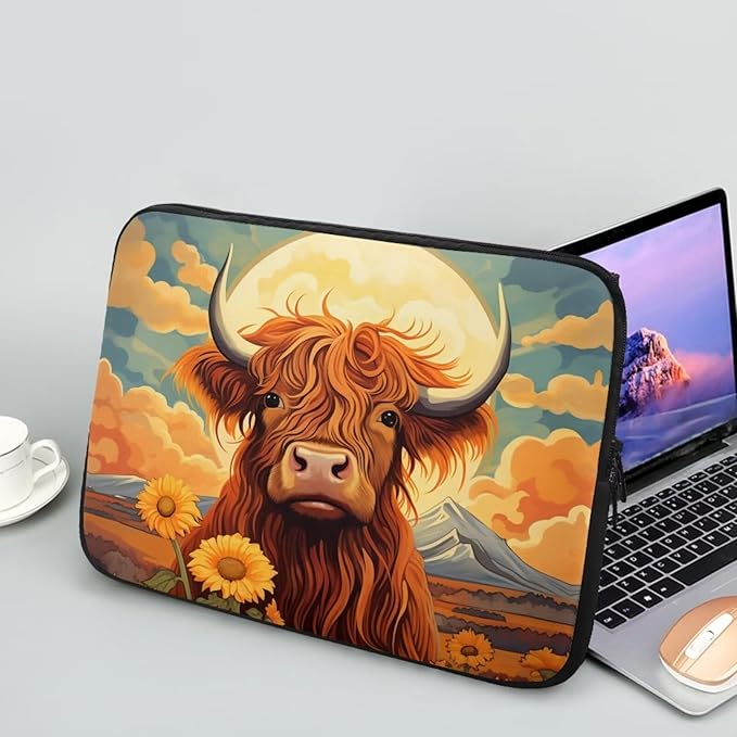 Highland Cattle Computer Sleeve for Women Men Laptop Sleeve 15 inch Neoprene Laptop Covers with Padded Compartment Lap Top Case Sunflower Computer Carrying Bag Brown