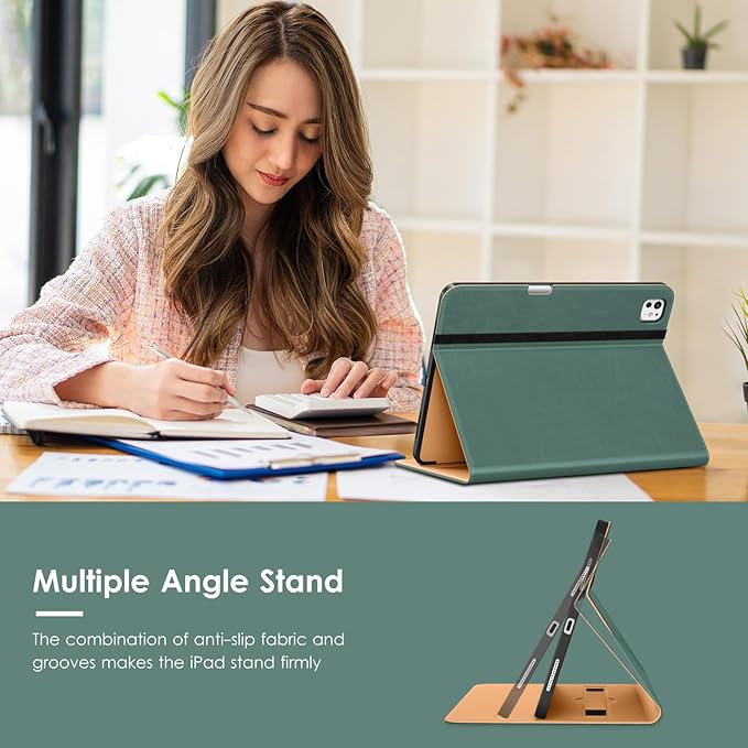VIKESI Case for iPad Pro 13-inch M5 or M4 Released in 2025 or 2024, Leather Stand Cover with Apple Pencil Holder, Auto Wake/Sleep, Multiple Viewing Angles, Built in Hand Strap & Pocket,Midnight Green