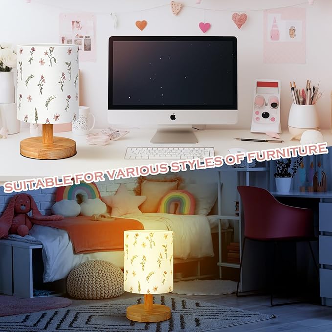 VIHOSE Boho Floral Bedside Table Lamp Vintage Nightstand Lamp with Linen Fabric Shade Solid Wood Base Decoration for Kids Living Room Bedroom Desk Dorm