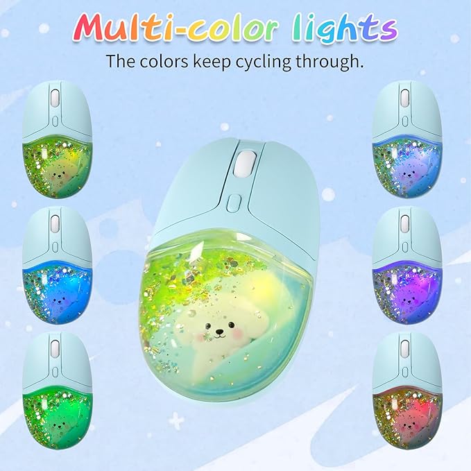 elec Space Wireless Bluetooth Mouse -Cute Clear Aqua Design, Glitter Liquid Sand Water Mouse with Optical Precision, Silent Clicks, LED Breathing Light,Transparent Retro Style for Home Office (Green)