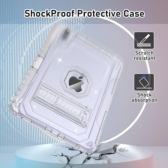 ZoneFoker Case for iPad mini A17 Pro, for iPad mini 7th/6th Generation Case 8.3 inch 2024/2021 with Pencil Holder/Stand, Slim Cover for i Pad Mini 7/6 (Clear Glitter)