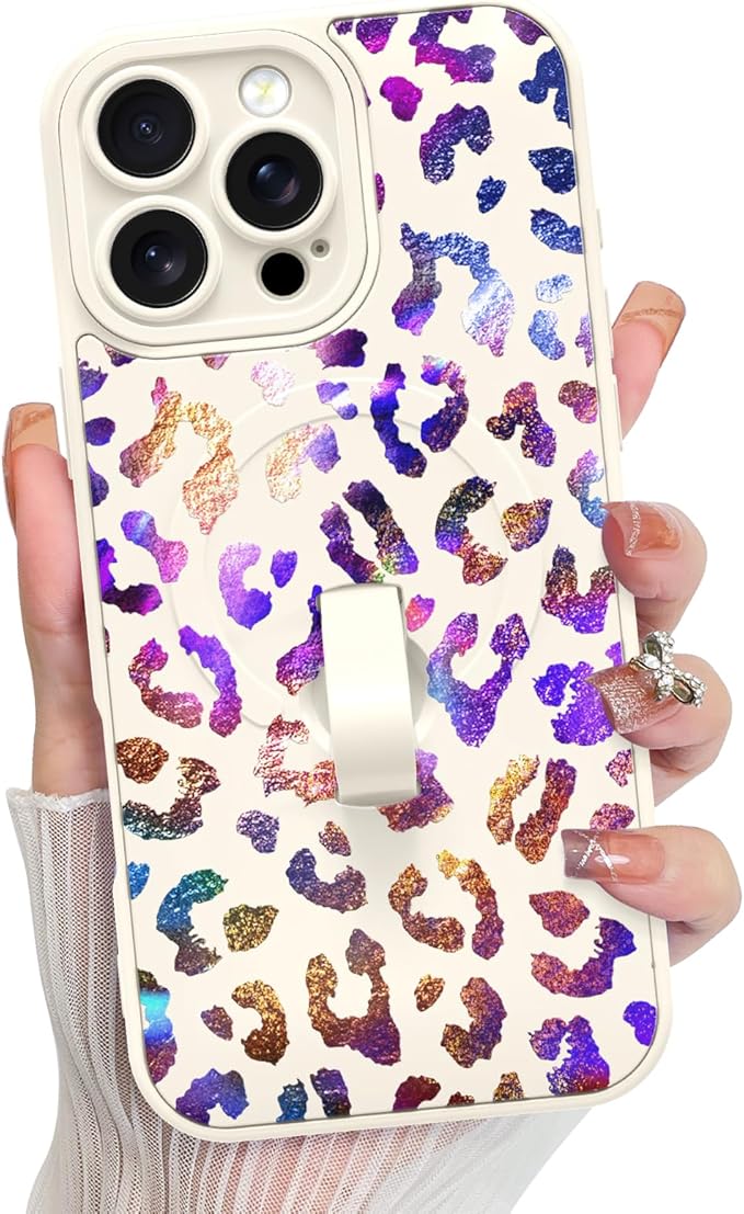 KANGHAR Compatible with iPhone 16 Pro Max Case, Support for MagSafe, Silicone Cute Iridescent Leopard Cheetah Pattern, Wristband Kickstand Shockproof Protective Slim Cover for Women Girls, White