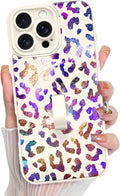 KANGHAR Compatible with iPhone 16 Pro Case, Support for MagSafe, Silicone Cute Iridescent Leopard Cheetah Pattern, Wristband Kickstand Shockproof Protective Slim Cover for Women Girls, White