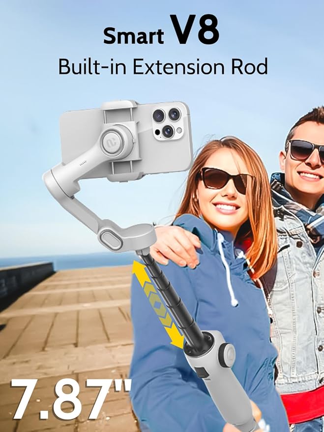 AOCHUAN Cellphone Gimbal for Video Recording w/AI Tracking,3 -axis Vlogging Gimbal stabilizer for iPhone w/OLED Display, Smartphone Holder w/7.8' Extension Rod, Trigger Button Smart V8(White)