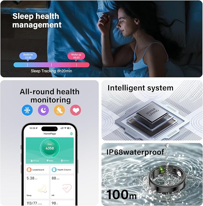 Smart Ring Health Tracker, Fitness Sleep and Heart Rate Monitor Smart Ring, Waterproof Bluetooth Fitness Tracker Ring IPX68 Waterproof (Silver, 11)
