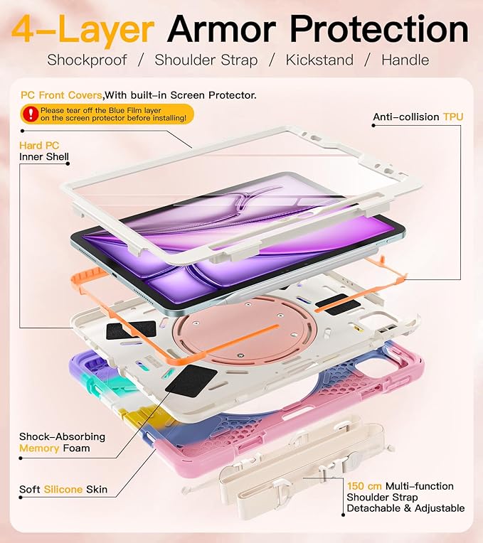 BRAECN for iPad Air 11 Inch Case M4 2026/M3 2025/M2 2024, iPad Air 10.9" 5th/4th Gen, iPad Pro 11 4th/3rd/2nd/1st Gen, Protective Cover with Screen Protector, Pencil Holder, Kickstand, Shoulder Strap