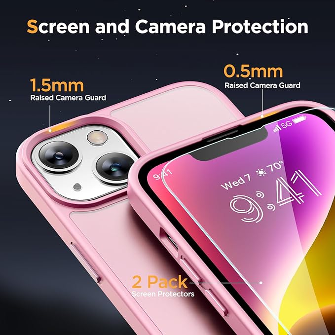 Miracase Magnetic for iPhone 14 Plus Case 6.7 inch (Compatible with MagSafe)（with 2X Screen Protectors） Military-Grade Protection, Anti-Fingerprint Translucent Matte Phone Case Cover, Mes Pink