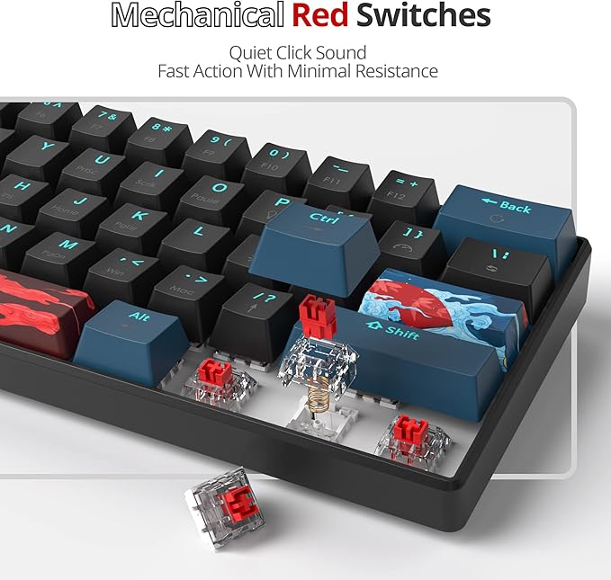 Protable 60% Percent Gaming Keyboard Mechanical, Mini Compact Backlit 61 Keys Wired Office Keyboard with Red Switch for Mac/Win (Monstor Black/red Switch 61)