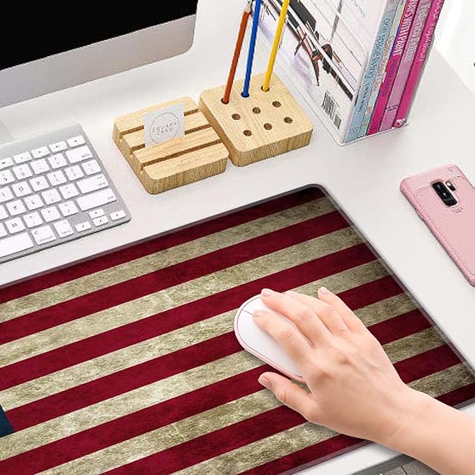 Large Gaming Mouse Pad with Stitched Edges, Vintage American Patriotic US Flgas Desk Mat, Extended XL Keyboard Pad, Non-Slip Rubber Base Desk Pad for Keyboard and Mouse, 31.5X11.8 inch