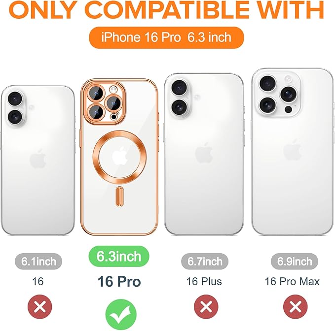 Hython Magnetic Clear for iPhone 16 Pro Case with Camera Lens Protector [Compatible with MagSafe] Luxury Plating Edge Slim Soft TPU Cover Protective Phone Case for iPhone 16 Pro 6.3", Orange