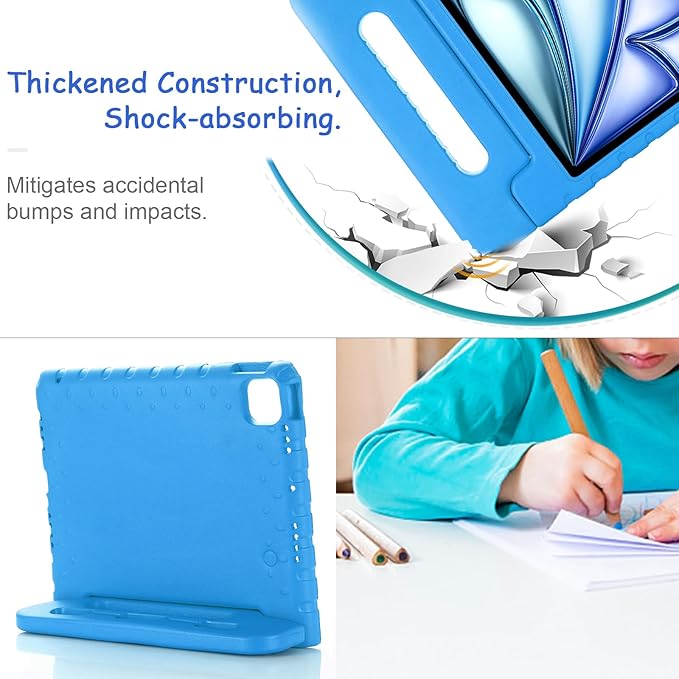 Kids Case for iPad Pro 11" M5/M4 & iPad Air 11" (2026/2025/2024) Shockproof Case with Pencil Holder, Techcircle Light EVA Foam Handle Stand Bumper Protective Child Friendly Drop Proof Cover, Blue