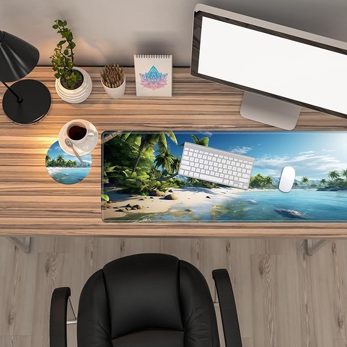 Desk Mat, Multifunctional Desk Pad for Keyboard and Mouse, with Cute Coasters and Mandala Stickers with Stitched Edges Non Slip Base Laptop Mouse pad for Office and Home, Seaside Tropical Palm Tree
