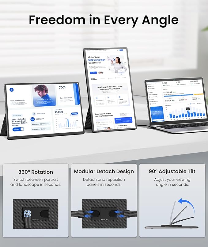Portable Monitor, 16" 1200P FHD Laptop Screen Extender, Detachable Horizontal/Vertical Monitor, Plug & Play Dual Travel Monitor Build-in Speaker for Laptop/Mac/Windows