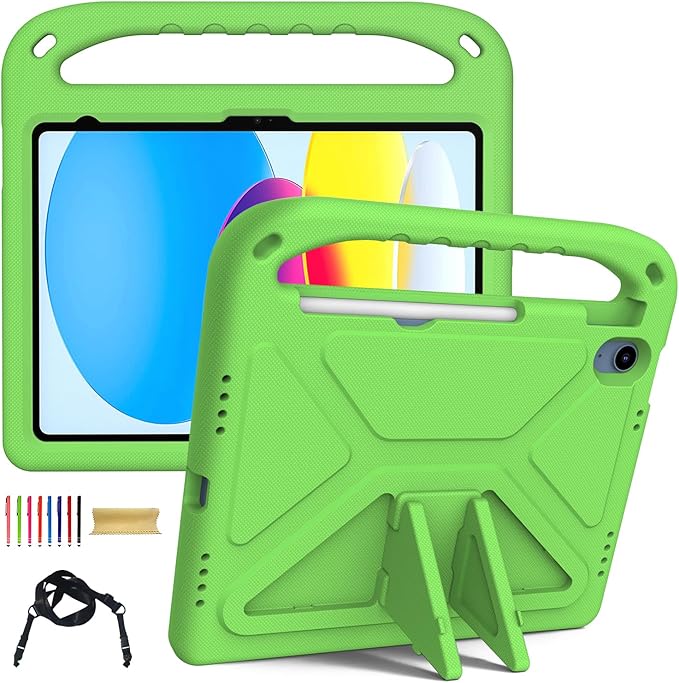 for iPad A16 Case 11th Generation 2025 11 Inch, iPad 10th Generation 10.9" 2022 Case, Kids Friendly Lighweight EVA Foam Shoulder Strap Shockproof Stand Cover for Girls Boys, Green